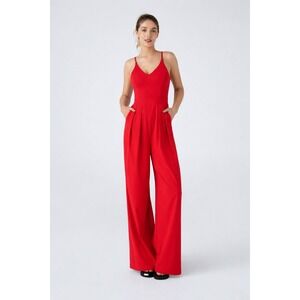 Halara Womens Breezeful Wide Leg Jumpsuit Size M  Red Side Pockets V-Neck Boho